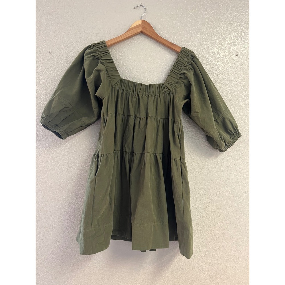 Womens Olive Green Puff Sleeve Tiered Babydoll Top Square Neck Cotton Poplin